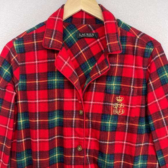 LAUREN RALPH LAUREN Pajamas Womens M Fleece Plaid Tartan Button Up Pants Red - Picture 3 of 16
